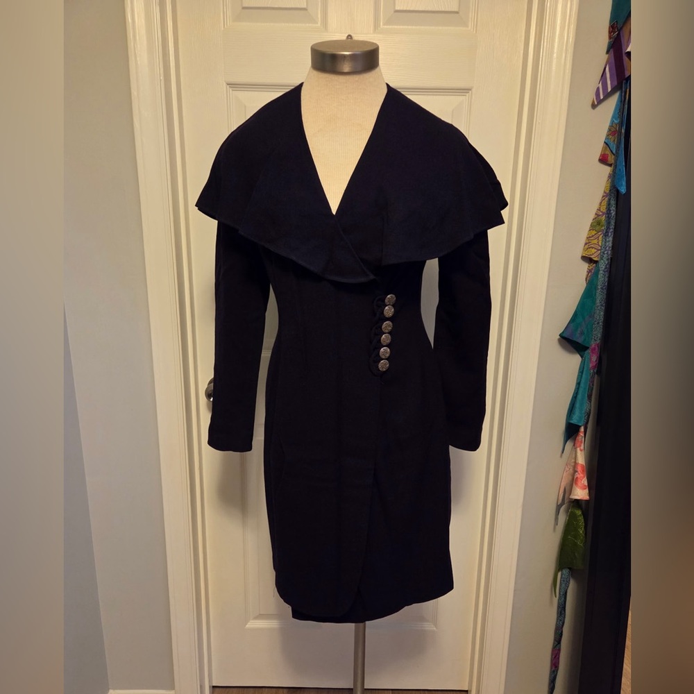 I Magnin - Women’s Dark Navy Wrap Coat Dress with Silver Statement Buttons 6